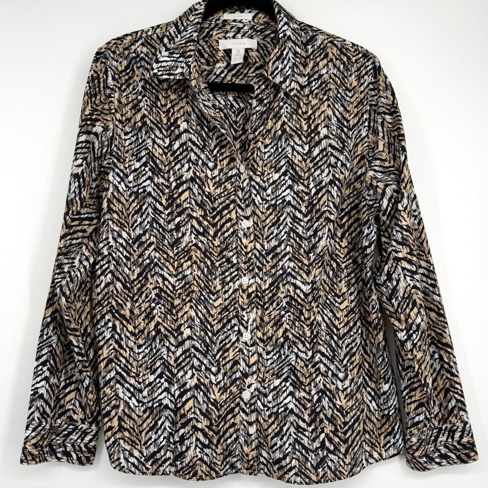Chico's No‎ Iron Animal Print Long Sleeve Button Front Shirt Top Blouse Size 2 L